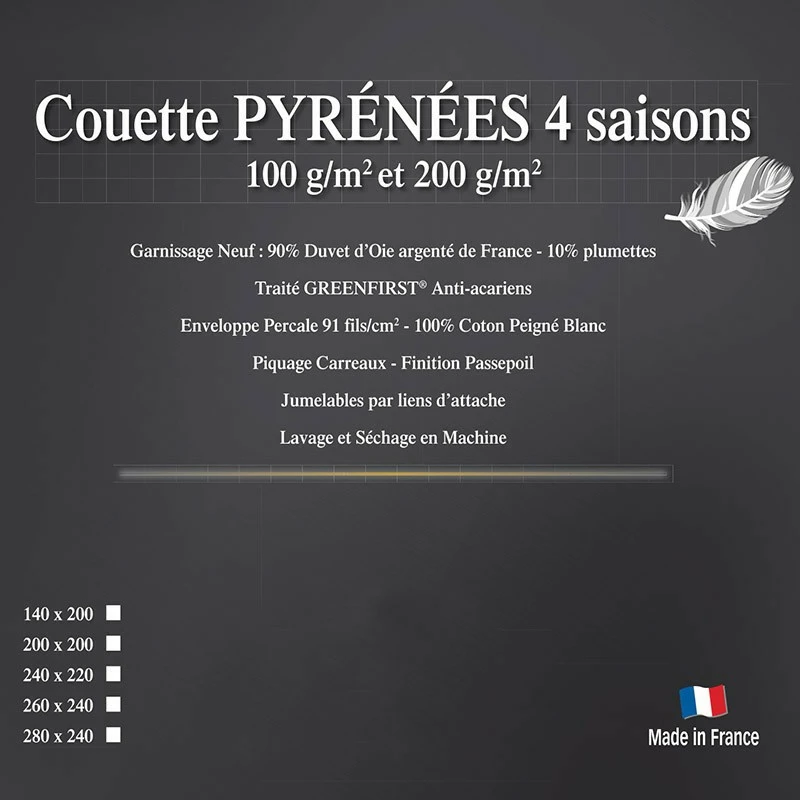 Couette PYRÉNÉES Quatre Saisons 90% Duvet Oie Neuf De France 10% Plumettes 100 + 200 G/m² 4 Couette PYRÉNÉES Quatre Saisons 90% Duvet Oie Neuf De France 10% Plumettes 100 + 200 G/m² – Image 2