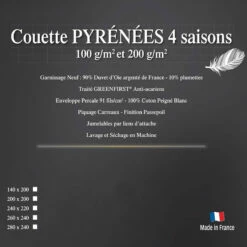 Couette PYRÉNÉES Quatre Saisons 90% Duvet Oie Neuf De France 10% Plumettes 100 + 200 G/m²