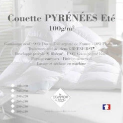 Couette PYRÉNÉES Été 90% Duvet Oie Neuf De France 10% Plumettes 100 G/m²