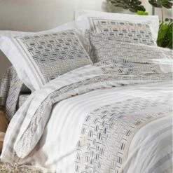 Parure Housse De Couette DIEGO GRIS 100% Coton 57 Fils/cm² -feuille Soldes Boutique parure housse de couette diego gris 3